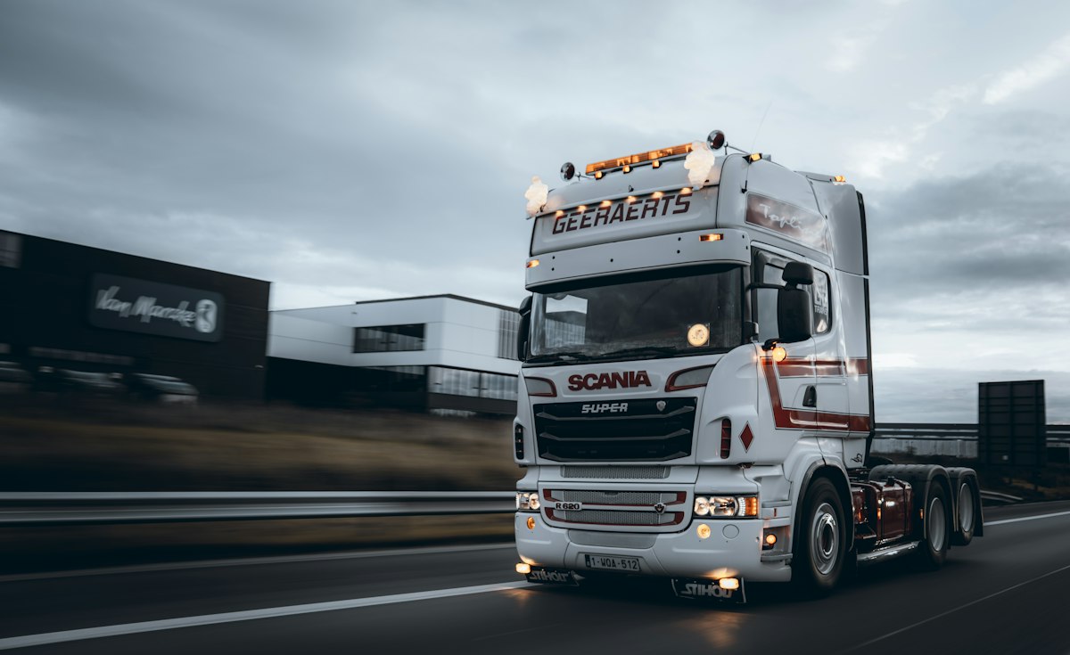 Transport truck on a highway at dusk